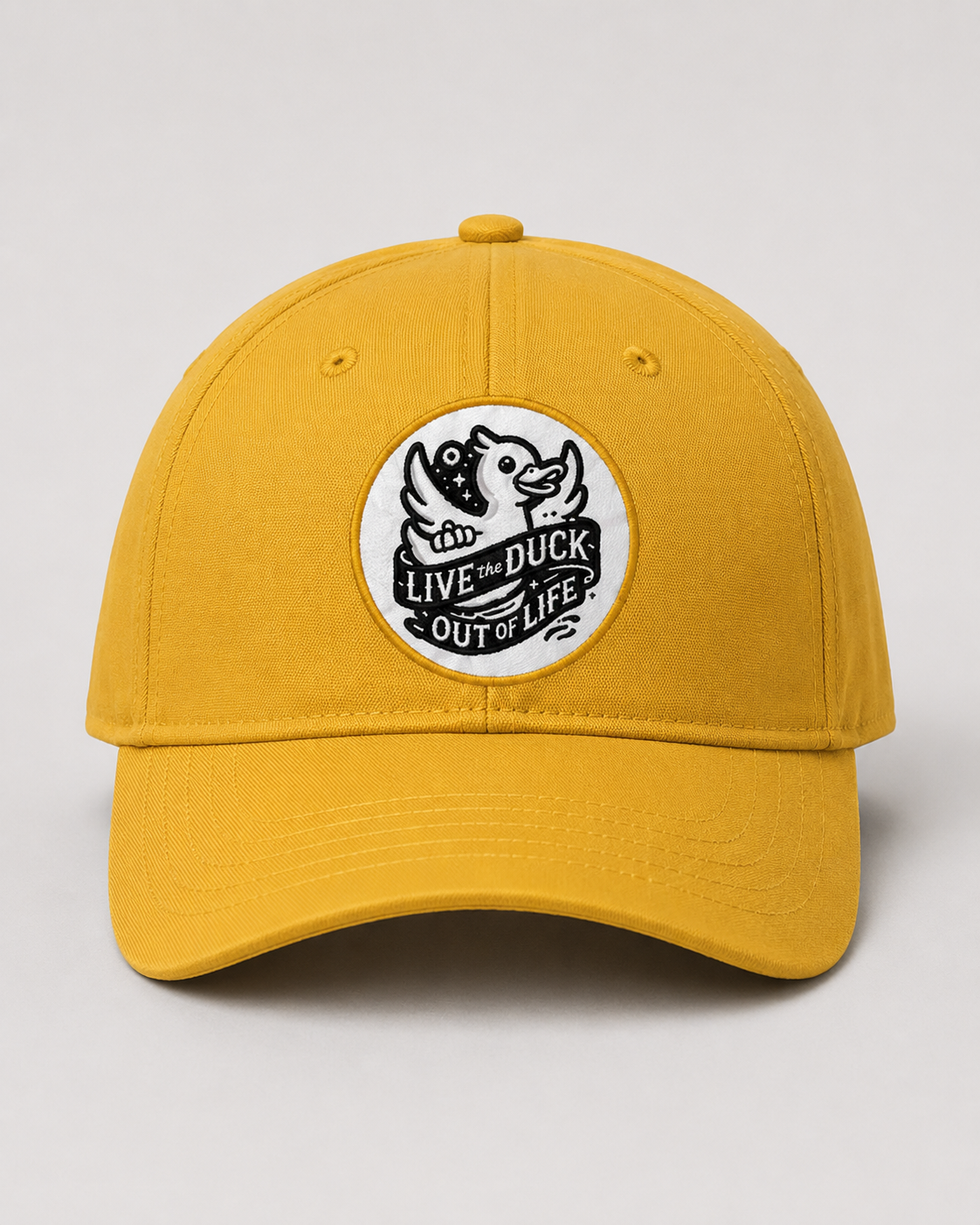 Live The Duck Out Of Life yellow hat with duck logo patch