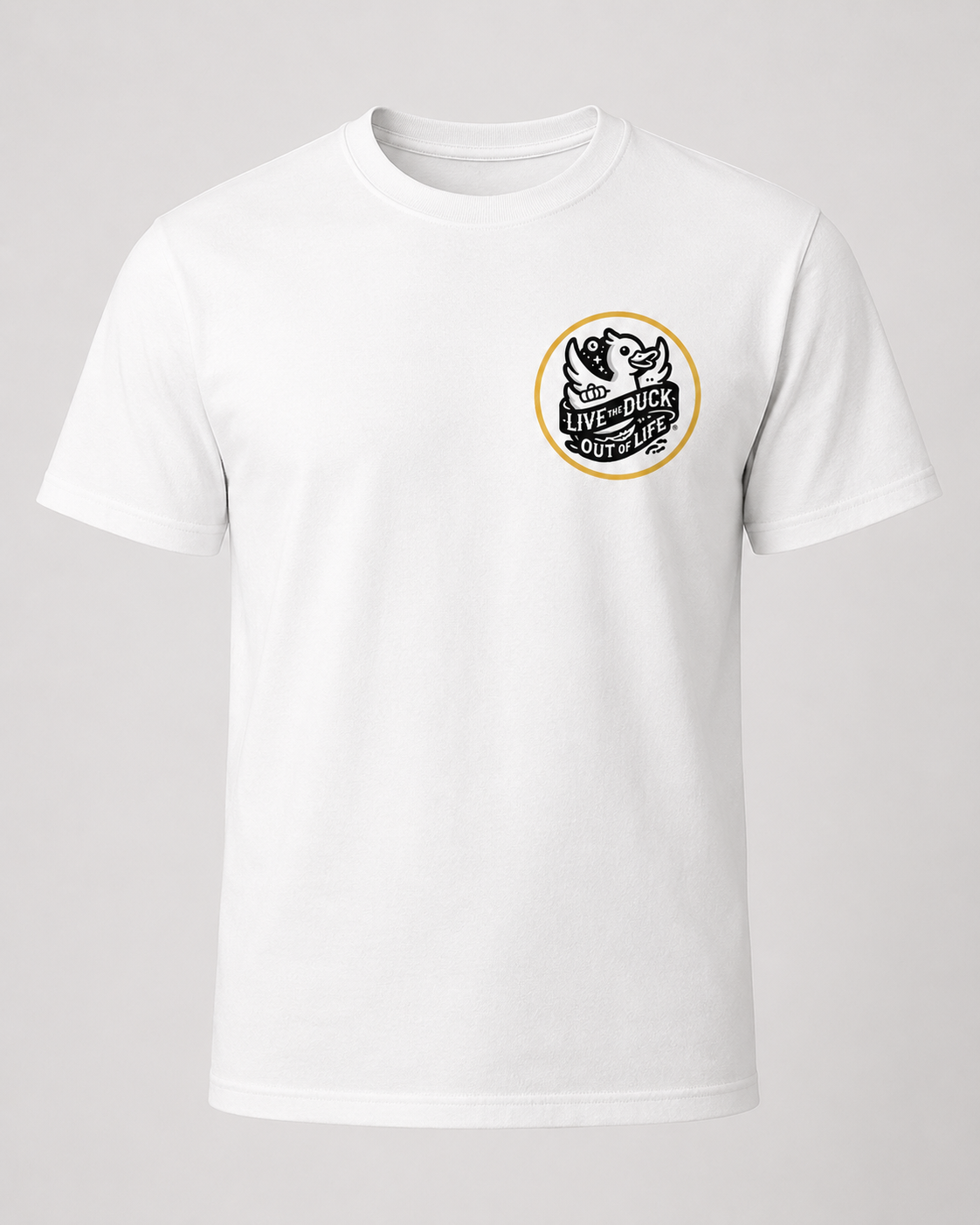 Live The Duck Out Of Life white t-shirt with duck logo